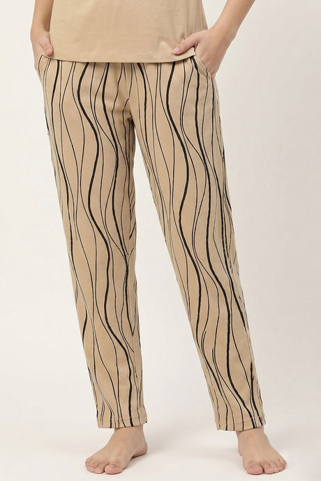 Zivame Wavy Stripes Knit Cotton Pyjama Set - Warm Sand — image 4
